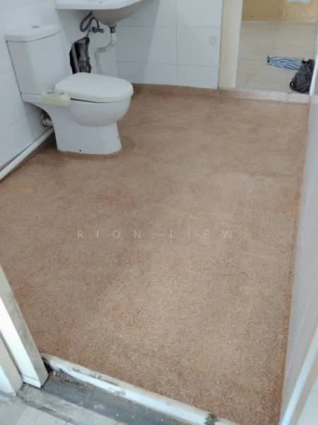 Bathroom features: one-piece toilet, brown carpet flooring, white tiled walls, sink with wall-mounted faucet, mirror above sink, light fixture, shower area visible in background.