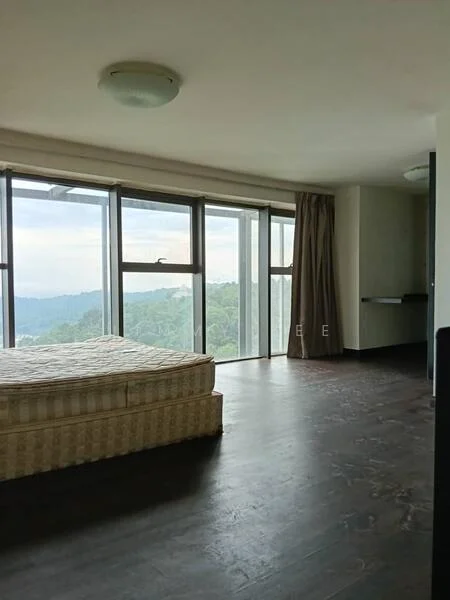 Bedroom features: large floor-to-ceiling windows, wooden flooring, neutral wall colour, curtains, ceiling light fixture, mountain view, built-in shelf, unmade bed with mattress; style: modern; view: mountain.