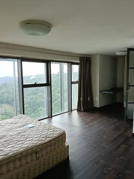 Bedroom features: floor-to-ceiling windows, wooden flooring, neutral wall colour, curtains, unmade bed with mattress, built-in desk, ceiling light fixture; style: modern; view: mountain.