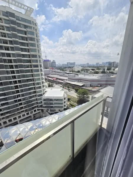 Room features: balcony with glass railing, city skyline view, floor-to-ceiling windows, curtains, modern architectural design; style: modern; view: city.