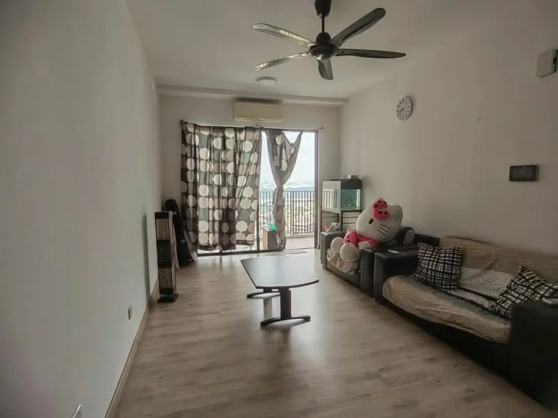 Living features: laminate flooring, white painted walls, 5-blade ceiling fan, floor-to-ceiling sliding glass door, black leather sofa, beige fabric sofa, coffee table, decorative wall clock, black and white patterned curtains, large stuffed toy, wall-mounted light fixture; style: modern; view: city.