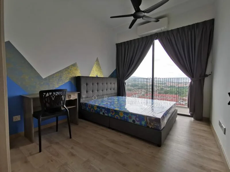 Bedroom features: queen-size bed with upholstered headboard, black bed frame, wooden flooring, floor-to-ceiling window, grey curtains, desk with chair, decorative wall with blue and yellow paint, air conditioning unit, view of city skyline; style: modern; view: city.