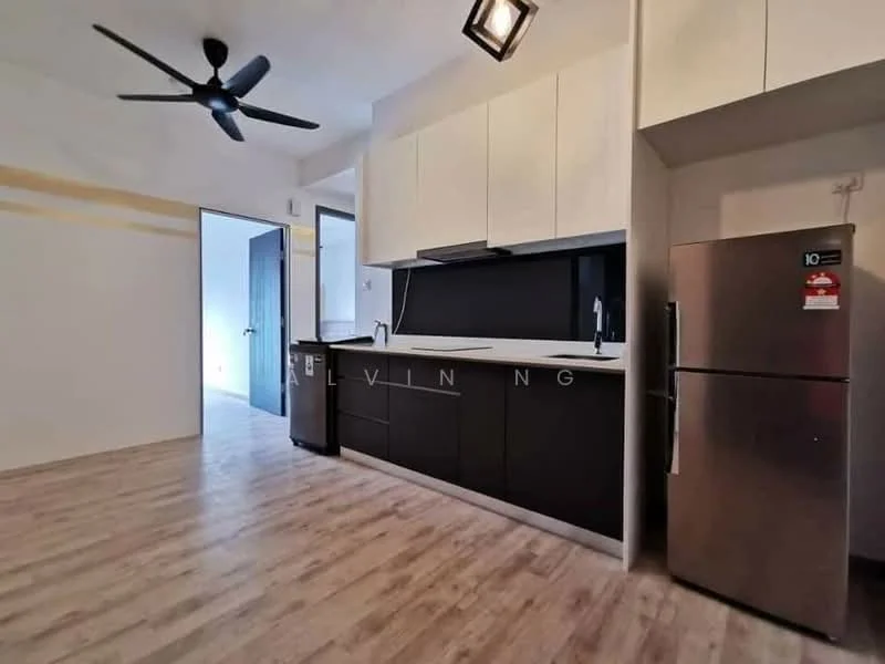 Kitchen features: black cabinetry, white upper cabinets, stainless-steel fridge, single-bowl stainless-steel sink, chrome pull-down faucet, black countertop, wall-mounted cabinets, recessed downlights, 5-blade ceiling fan, wood laminate flooring; style: modern.