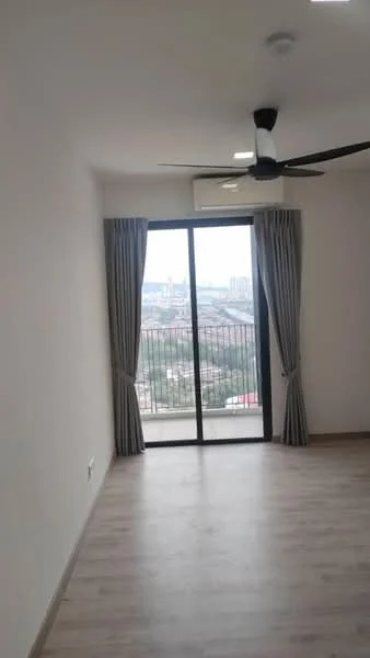 Room features: laminate flooring, white painted walls, 5-blade ceiling fan, floor-to-ceiling sliding glass door, curtains, city view; style: modern; view: city.