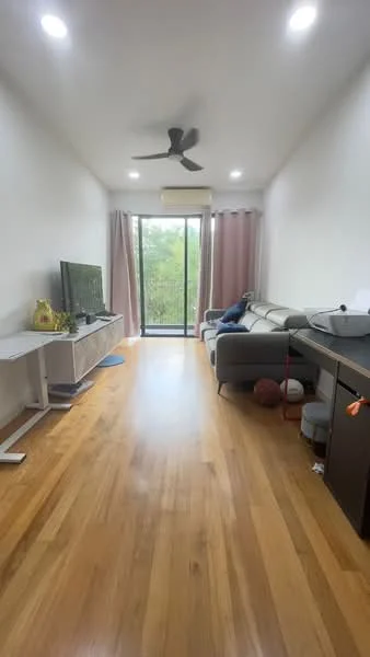 Living features: light wood flooring, white painted walls, 5-blade ceiling fan with light, sofa in light grey, TV console, wall-mounted TV, floor-to-ceiling sliding glass door, curtains, decorative plants, basketball, study desk, office chair; style: modern; view: garden.