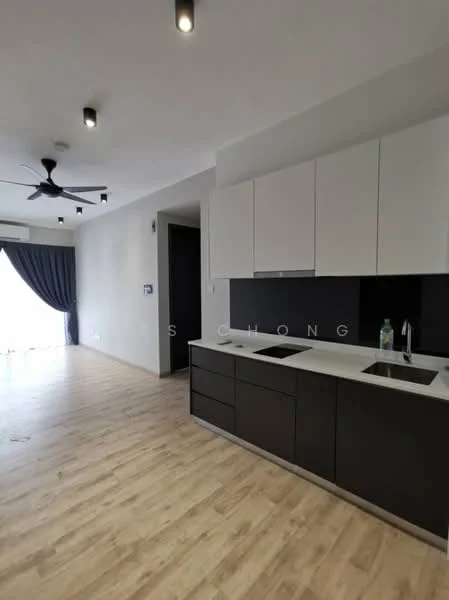 Kitchen features: black cabinetry with flat-panel doors, white upper cabinets, stainless-steel sink, chrome pull-down faucet, black countertop, built-in stove, recessed downlights, 5-blade ceiling fan, wooden flooring, sliding glass door leading to balcony, curtains, open layout to living area; style: modern; view: garden. Living features: wooden flooring, recessed downlights, sliding glass door, curtains; style: modern; view: garden.