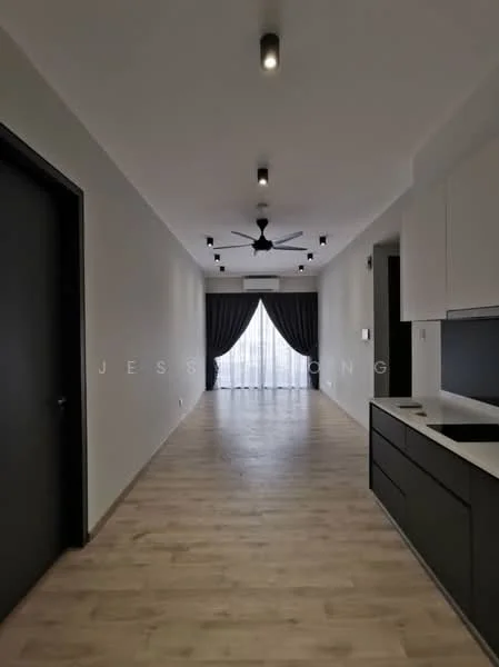 Living features: light wood flooring, white walls, recessed downlights, 5-blade ceiling fan, floor-to-ceiling windows, blackout curtains, open kitchen layout, kitchen cabinetry in black, white countertop, air conditioning unit; style: modern.