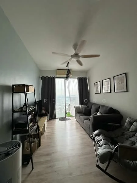 Living features: light grey painted walls, laminate flooring, 5-blade ceiling fan, sofa in dark grey, coffee table, TV console, wall-mounted TV, sliding glass door, floor-to-ceiling windows with sheer curtains, decorative artwork on walls, open shelving unit, area rug; style: modern; view: city.