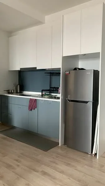 Kitchen features: blue cabinetry, white upper cabinets, stainless-steel fridge, built-in countertop, single-bowl stainless-steel sink, chrome pull-down faucet, grey countertop, kitchen towel hanging, wooden flooring, recessed lighting; style: modern.