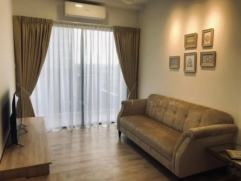 Living features: 3-seater fabric sofa in beige, wooden TV console, wall-mounted TV, floor-to-ceiling windows, sheer curtains, air conditioning unit, laminate flooring, decorative wall art, light-colored walls; style: modern; view: city.