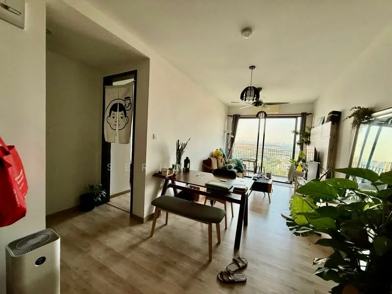 Living features: laminate flooring, white painted walls, 5-blade ceiling fan with light, floor-to-ceiling windows, sliding glass door, green plants in pots, wooden dining table, upholstered chairs, decorative wall art, sofa with cushions, coffee table, TV console, area rug; style: modern; view: city. Room features: white painted walls, laminate flooring, doorway leading to another room, decorative wall art.