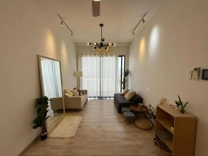 Living features: light wood flooring, white painted walls, large floor-to-ceiling windows, sheer curtains, chandelier with multiple bulbs, 2-seater fabric sofa in light grey, 1-seater fabric chair, decorative throw pillows, round area rug, wooden side table, plant in ceramic pot, wooden console table, decorative items on console; style: modern; view: city.