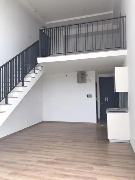 Living features: laminate flooring, white painted walls, high ceiling, staircase with wooden steps and black railing, wall-mounted air conditioning unit, open kitchen area with cabinetry, large windows for natural light, neutral color palette; style: modern.