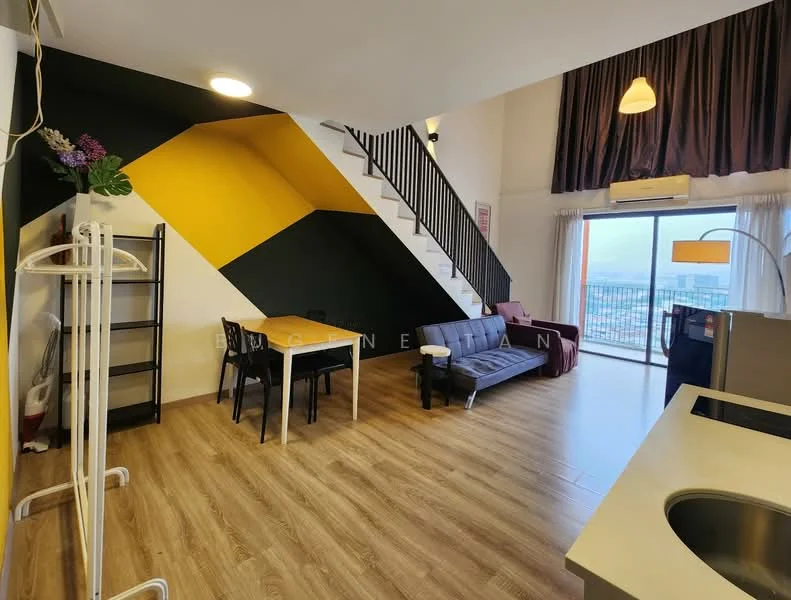 Living features: laminate flooring, black leather sofa, dining table with chairs, floor-to-ceiling windows, curtains, recessed downlights, wall-mounted air conditioning unit, open shelving unit, staircase with black and yellow accent wall; style: modern; view: city.