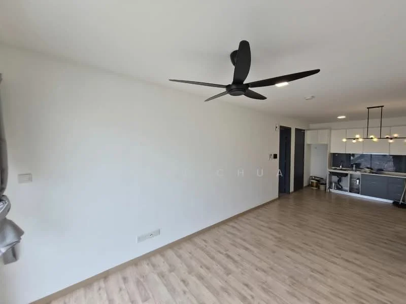 Living features: light wood laminate flooring, white painted walls, 5-blade ceiling fan with light, recessed downlights, open layout to kitchen, large window, curtains, wall-mounted electrical outlets; style: modern.