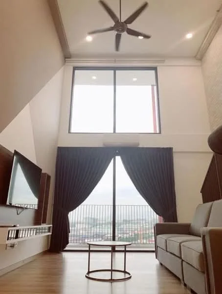 Living features: floor-to-ceiling windows, grey fabric sofa, coffee table with circular base, wall-mounted TV, recessed downlights, 5-blade ceiling fan, dark curtains, wooden flooring, balcony view; style: modern; view: city.