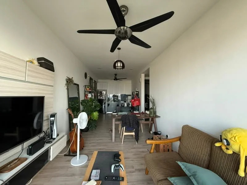 Living features: 5-blade ceiling fan with light, wall-mounted TV, light wood flooring, sofa with cushions, wooden coffee table, decorative plants, open shelving unit, dining table with chairs, kitchen visible in background, pendant light fixture, decorative wall clock, framed artwork on wall; style: modern.