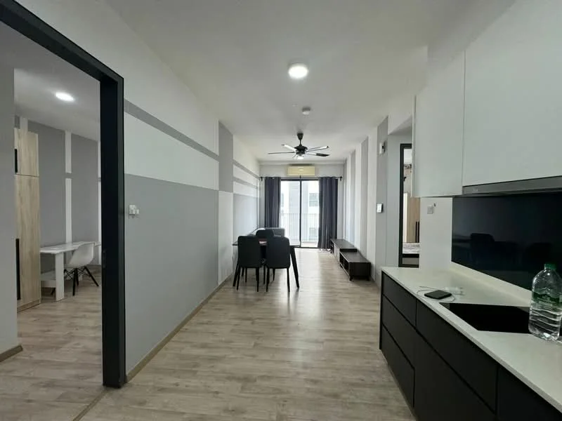 Kitchen features: white cabinetry, black countertop, stainless-steel sink, chrome faucet, built-in oven, stainless-steel range hood, open shelving, recessed downlights, vinyl plank flooring; style: modern. Dining features: 6-seater dining table, black dining chairs, pendant lighting, vinyl plank flooring; style: modern. Living features: floor-to-ceiling windows, curtains, sofa, coffee table, vinyl plank flooring; style: modern. Room features: light grey painted walls, wooden door frames, ceiling fan.