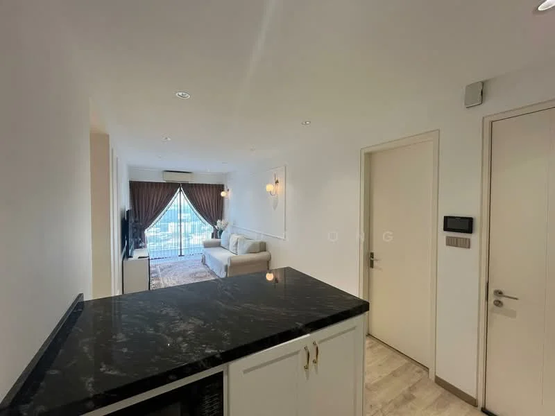 Room features: white painted walls, light-colored flooring, black granite countertop, recessed downlights, sofa in light color, TV console, floor-to-ceiling windows, curtains, decorative wall art, air conditioning unit; style: modern; view: city.