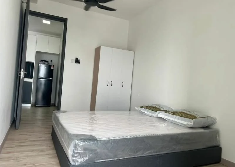 Bedroom features: queen-size bed, two pillows, light wood flooring, white painted walls, ceiling fan, built-in wardrobe with two doors, doorway leading to kitchen, refrigerator visible in kitchen area; style: modern.