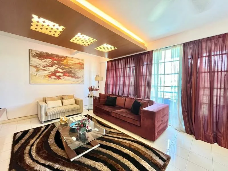 Living features: cream fabric sofa, burgundy velvet sofa, glass coffee table, area rug with abstract pattern, floor-to-ceiling windows, sheer curtains, dark brown curtains, recessed ceiling lights, decorative wall art; style: modern.