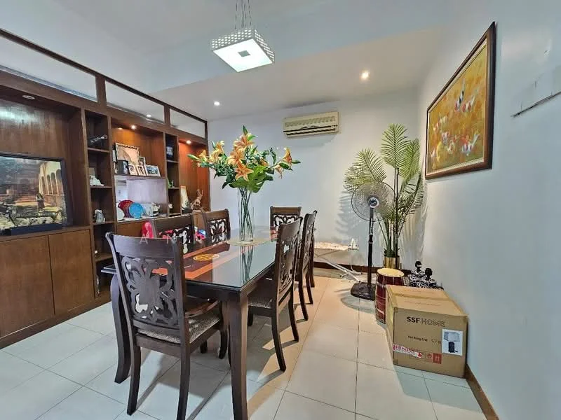Dining features: dining table with glass top, 6 wooden dining chairs with intricate carvings, wooden sideboard with display shelves, decorative wall artwork, potted plants, ceiling-mounted light fixture, wall-mounted air conditioning unit, tiled flooring, decorative vase with flowers, box on the floor; style: modern.