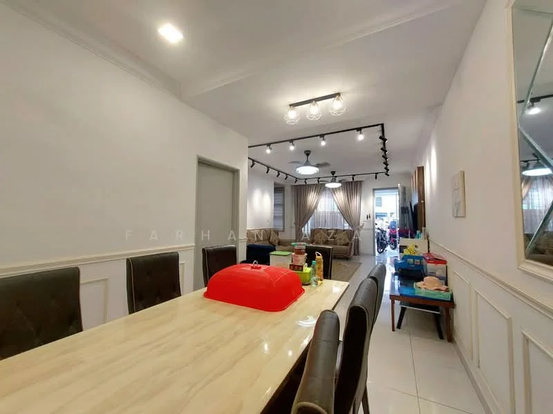 Dining features: long rectangular dining table, upholstered dining chairs, white walls with wainscoting, recessed ceiling lights, wooden flooring, decorative wall mirror, curtains, open layout to living area; style: modern. Living features: sofa, TV console, wall-mounted TV, area rug, floor-to-ceiling windows, curtains; style: modern.