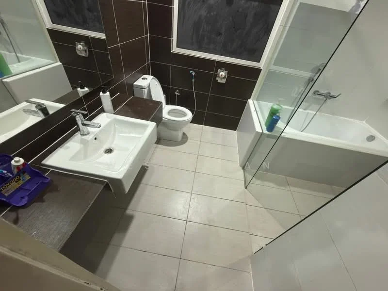 Bathroom features: white ceramic sink, chrome basin mixer faucet, wall-mounted mirror, one-piece toilet, walk-in shower with glass enclosure, bathtub, dark wood vanity, light-colored tile flooring, dark accent wall tiles, white wall tiles, toiletries on vanity; style: modern.