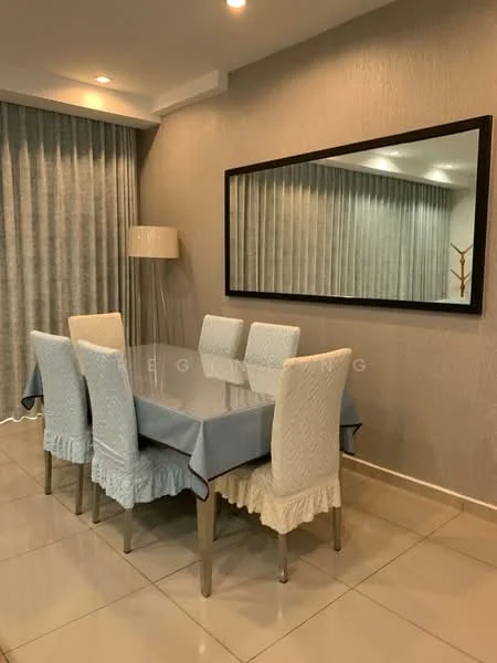Dining features: 6-seater dining table with glass top, upholstered dining chairs with light blue fabric, tablecloth in light blue, cream-colored wall with textured finish, large rectangular mirror on the wall, floor-to-ceiling curtains in grey, lampshade floor lamp, tile flooring in light beige; style: modern.