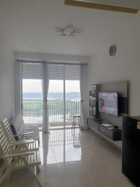 Living features: white painted walls, glossy tile flooring, 5-blade ceiling fan with light, floor-to-ceiling windows, sheer curtains, TV console, wall-mounted TV, black refrigerator, wooden bench seating, bar stool, decorative wall clock, view of landscape; style: modern; view: landscape.