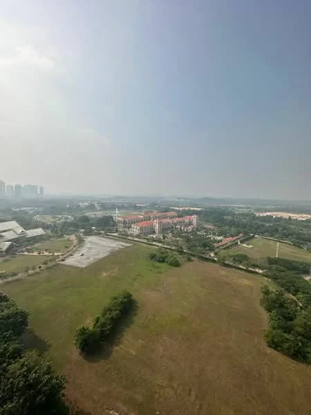 Exterior features: open green field, distant buildings, urban skyline in background, trees and shrubs, clear sky, horizon line.