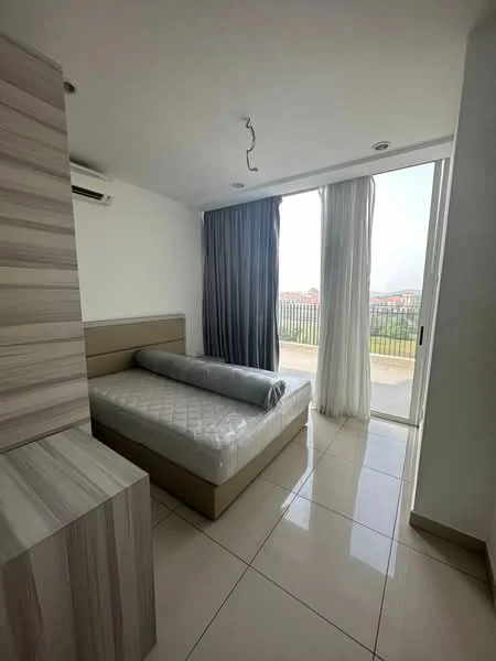 Bedroom features: queen-size bed, upholstered headboard, light grey bedding, built-in wardrobe with wood finish, floor-to-ceiling windows, sliding glass door, sheer curtains, blackout curtains, wall-mounted split AC, tile flooring, recessed ceiling lights; style: modern; view: garden.
