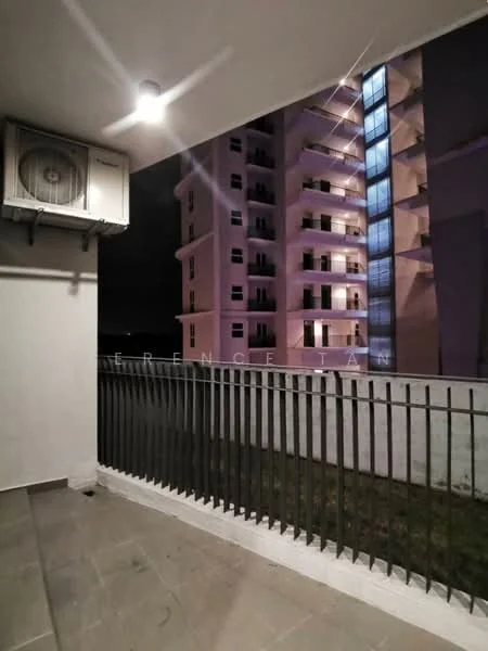 Room features: balcony with railing, floor-to-ceiling sliding door, exterior wall with light, air conditioning unit, tile flooring, view of adjacent building.