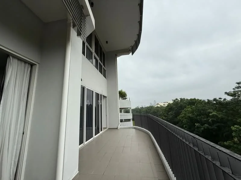 Room features: floor-to-ceiling windows, sliding glass door, grey tiled flooring, white painted walls, overhang balcony, railings, outdoor view, air conditioning unit; style: modern; view: garden.