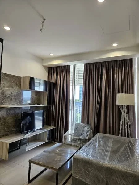 Living features: sofa covered in plastic wrap, wooden coffee table, TV console with wall-mounted TV, floor-to-ceiling windows, brown curtains, recessed ceiling lights, light-colored tiled flooring, decorative lamp; style: modern; view: city.