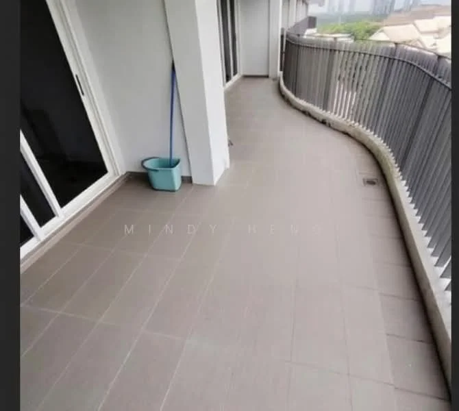 Room features: curved balcony, grey tiled flooring, metal railing, sliding glass doors, city view, clean and minimalistic design, sweeping space, bucket for cleaning; style: modern; view: city.