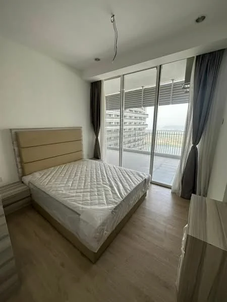 Bedroom features: queen-size bed, light wood flooring, white painted walls, floor-to-ceiling windows, curtains, built-in wardrobe, nightstand, decorative ceiling light; style: modern; view: garden.
