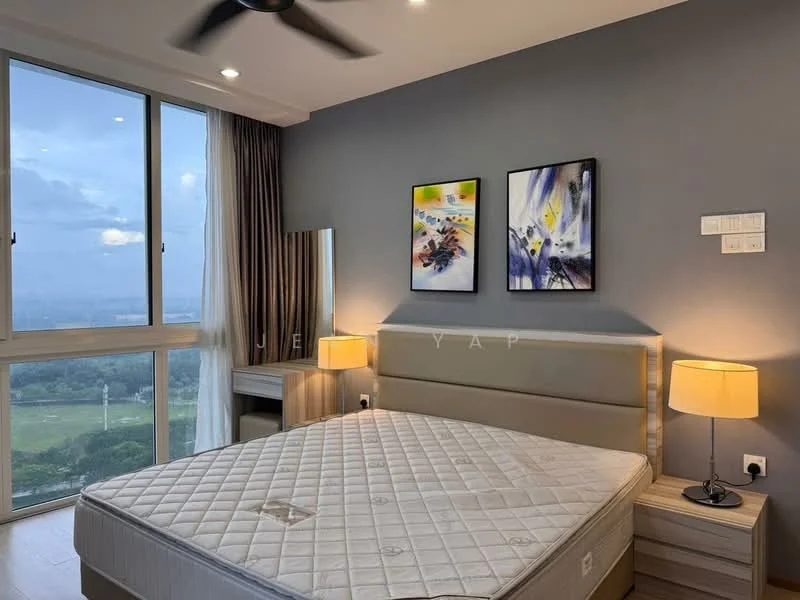 Bedroom features: king-size bed, upholstered headboard, 2 bedside lamps, wooden bedside tables, floor-to-ceiling windows, curtains, framed artwork on walls, wooden dresser, mirror, grey painted walls, recessed downlights, ceiling fan; style: modern; view: city.