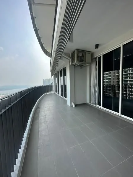Room features: large balcony, grey tiled flooring, floor-to-ceiling windows, glass railing, air conditioning unit, curtains, open view, modern design; style: modern; view: city.