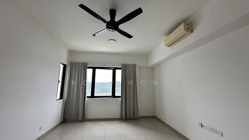 Room features: white painted walls, tile flooring, 5-blade ceiling fan, wall-mounted split AC, floor-to-ceiling window, sheer curtains, mountain view; style: modern; view: mountain.