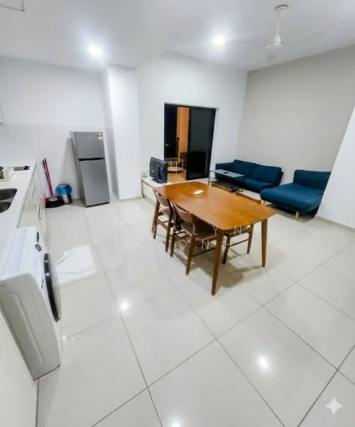 Dining features: dining table with four chairs, 3-seater fabric sofa in blue, floor-to-ceiling window, white walls, light grey accent wall, ceramic tile flooring, ceiling fan, refrigerator, washing machine, TV console, television; style: modern.
