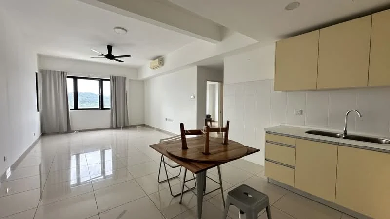 Living features: white painted walls, glossy ceramic tile flooring, 5-blade ceiling fan with light, floor-to-ceiling windows, sheer curtains, dining table with wooden top, metal chairs, stainless-steel sink, light-colored cabinetry, recessed downlights; style: modern; view: mountain.