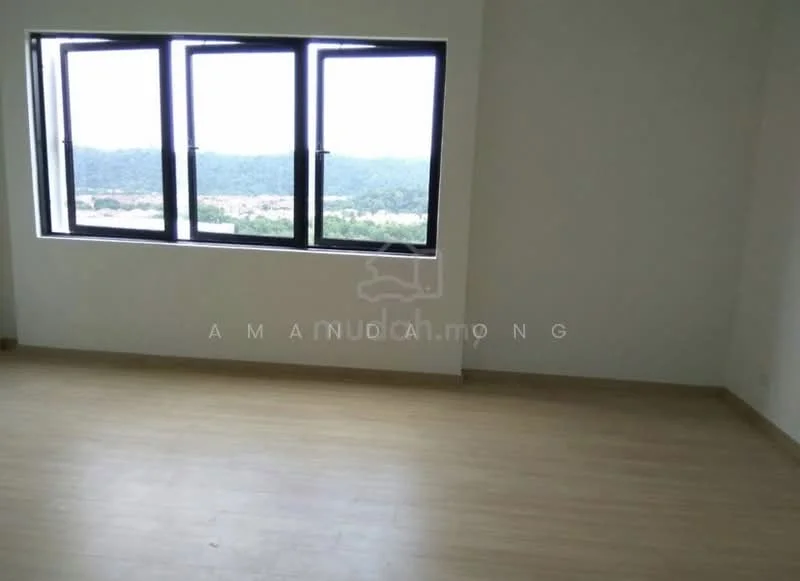 Room features: large floor-to-ceiling windows, wooden flooring, plain white walls, mountain view, natural light, minimalist design; style: modern; view: mountain.