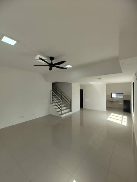 Living features: white painted walls, polished ceramic tile flooring, 5-blade ceiling fan with light, recessed LED downlights, staircase with metal railing, large window allowing natural light, open layout, wall-mounted TV area; style: modern.