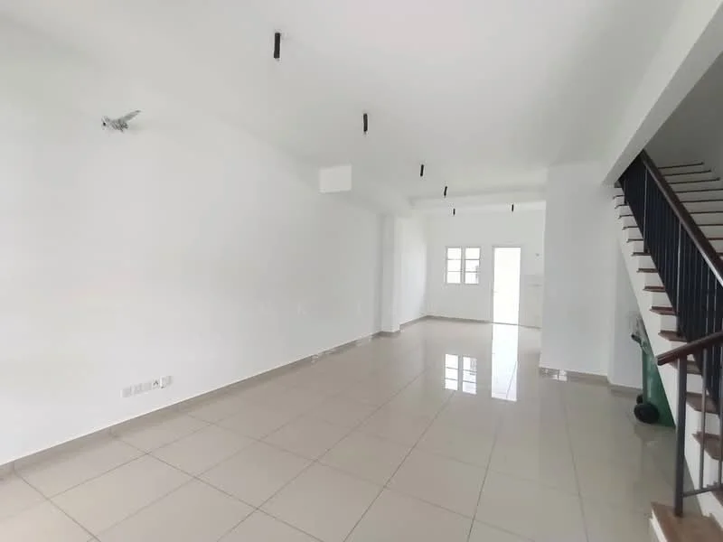 Living features: white painted walls, glossy ceramic tile flooring, recessed downlights, open space layout, large windows, staircase with metal railing, neutral color scheme, high ceiling; style: modern.
