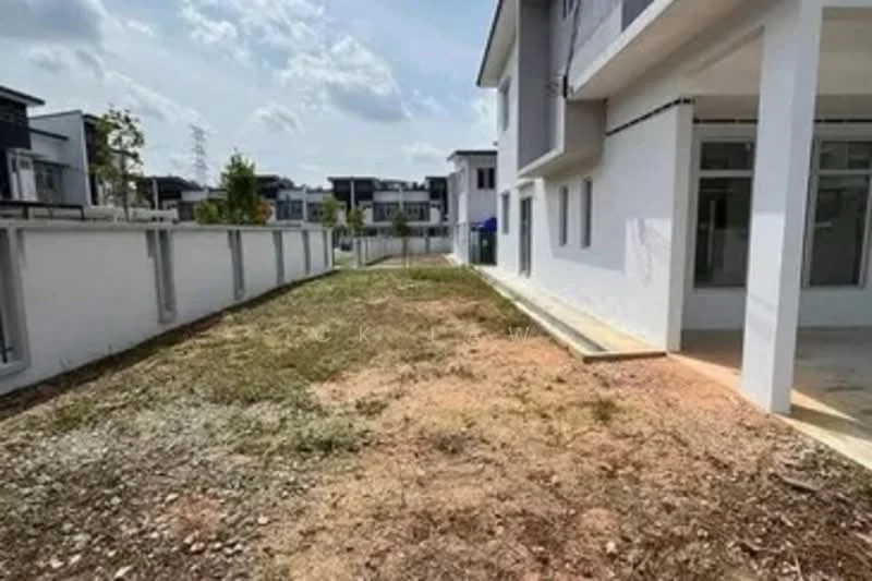 Exterior type: detached bungalow; features: white painted facade, flat roof, surrounded by low fencing, manicured lawn area, paved walkway, adjacent to neighboring houses, open space for landscaping, concrete pathway leading to entrance; style: modern.