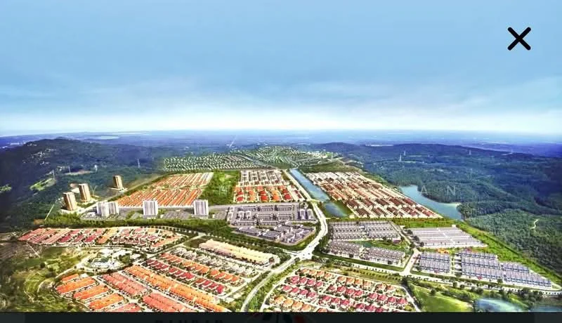 Exterior features: aerial view of residential development, multiple low-rise buildings, high-rise buildings in the background, landscaped green areas, water body visible, roadways connecting different sections, surrounding hills, open spaces, urban planning layout; style: modern.
