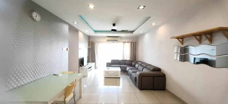 Living features: 3-seater sectional sofa in brown, glass coffee table, TV console, wall-mounted TV, recessed downlights, ceiling fan with light, white painted walls, accent wall with textured pattern, large window with sheer curtains, tile flooring, decorative wall mirror, open shelving unit; style: modern.