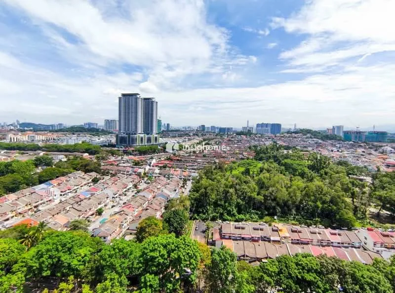 Exterior type: high-rise condominium; features: city skyline view, surrounded by greenery, urban landscape, multiple high-rise buildings, residential houses below, clear blue sky, scattered clouds; style: modern.