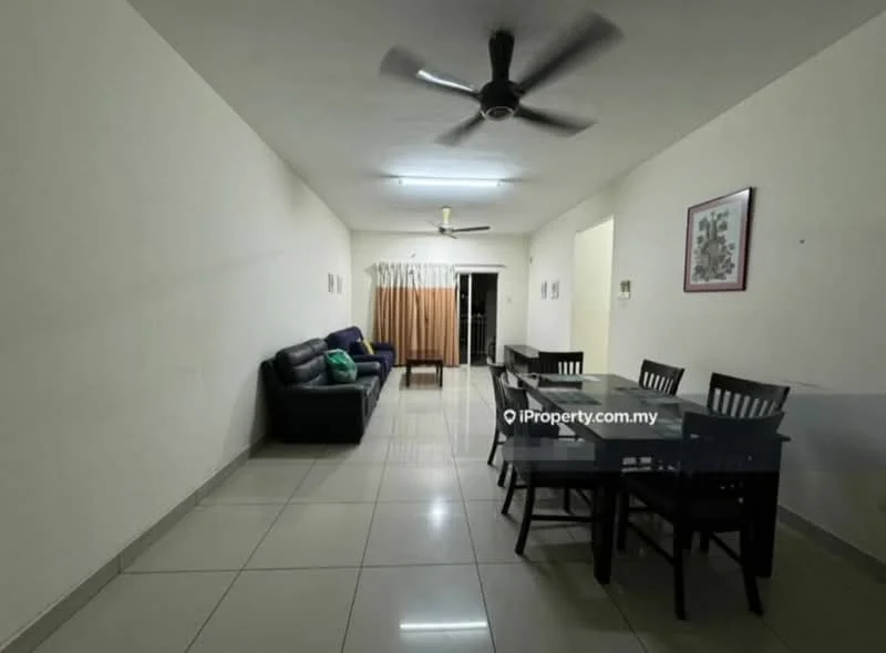 Living features: white painted walls, polished ceramic tile flooring, 5-blade ceiling fan, sofa in dark fabric, green accent pillows, dining table with 6 chairs, curtains in light brown, sliding glass door, area rug, wall-mounted artwork; style: modern.